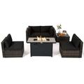 Patiojoy 6 Pieces Outdoor PE Rattan Wicker Sectional Sofa with 42 60 000 BTU Gas Fire Pit Table Patio Conversation Set with Tempered Glass Coffee Table Black