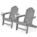 Patiojoy 2PCS Adirondack Chair Outdoor with Cup Holde Weather Resistant Lounger Chair for Backyard Garden Patio and Deck Grey