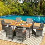 Costway 7PCS Patio Rattan Dining Set Acacia Wood Table Cushioned Chair Mix Gray