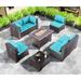 Gotland 8 Pieces Outdoor Patio Furniture Set with 43 Propane Fire Pit Table Outdoor Sectional Sofa Sets (Green blue)