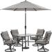 Hanover Lavallette 5-Piece Dining Set in Silver Linings with 4 Swivel Rockers 42-In. Square Glass-Top Table Umbrella and Base LAVDN5PCSW-SLV-SU