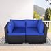 Royalcraft Outdoor Loveseat Patio Furniture Corner Sofa 2 Piece Wicker Rattan Outdoor Sectional Sofa Set with Dark Blue Cushions