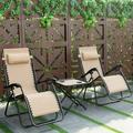 3 Pieces Folding Portable Zero Gravity Reclining Lounge Chairs Table Set-Beige