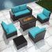 Gotland 7 Pieces Outdoor Patio Furniture with 43 Fire Pit Table Furniture Patio Sectional Sofa Set blue