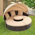 Patio Rattan Sunbed Set with Canopy SYNGAR 6 Pieces Outdoor Sectional Daybed Set Outdoor Wicker Furniture Set Conversation Sofa Set with Coffee Table for Yard Poolside Deck Garden Beige D6304