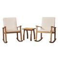 GDF Studio Aeney Outdoor Acacia Wood 3 Piece Rocking Chair Chat Set with Cushions Teak and Cream