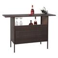 VINGLI Outdoor Wicker Bar Table with 2 Steel Shelves 2 Sets of Rails Rattan Bar Counter Table for Backyard Poolside Garden