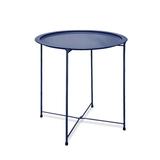 Folding Tray Metal Side Table Round End Table Dark Blue Sofa Small Accent Fold-able Table Round End Table Tray Next to Sofa Table Snack Table for Living Room and Bed Room