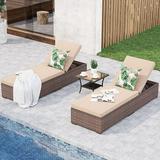 Outdoor Chaise Lounge Chair 3 Piece Patio Reclining Sun Lounger with Coffee Table All Weather PE Rattan Adjustable Lounge Chair Patio Pool Lounge Chairs with Removable Cushion Beige