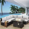 NICESOUL 6 Pcs Outdoor Furniture with Fire Pit Table Wicker Set Light Gray