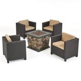 GDF Studio Christine Outdoor 4 Club Chair Chat Set with Fire Pit Dark Brown and Beige