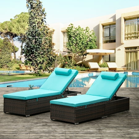 Set of 2 Rattan Chaise Lounge Chairs with Side Table Outdoor Reclining Chairs Set W/Adjustable Backrest Cushions and Head Pillow Chaise Lounge Furniture Set for Poolside Beach Garden Patio B66
