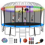 FIZITI 16FT 1500LBS Trampoline for Adults/Kids Outdoor Trampoline with Enclosure Net Basketball Hoop Sprinkler LED Lights Wind Stakes Ladder Recreational Trampoline for Backyard