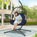 Wicker Egg Chair BTMWAY Indoor Outdoor Swing Chair with Stand and Removable Cushion All-Weather Rattan Hanging Basket Chair Hammock Chair for Patio Balcony Porch Garden 300lbs Capacity Navy