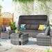5 Piece Patio Furniture Set Outdoor PE Wicker Daybed Sunbed with Retractable Canopy and Gray Cushions Sectional Conversation Sofa Set with Ottoman and Side Table for Patio Backyard Porch Poolside