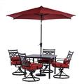 Hanover Montclair 5-Piece All-Weather Outdoor Patio Dining Set 4 Swivel Rocker Chairs with Comfortable Seat and Lumbar Cushions 40 Square Stamped Rectangle Table Umbrella and Base