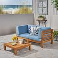 Kylan Outdoor Modular 3 Piece Acacia Wood Sectional Loveseat and Coffee Table with Cushions Teak Blue