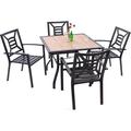 5-piece Metal Patio Furniture Set Outdoor Metal Dining Set: Square Wood-like Top Table With Umbrella Holes & 4 Stackable Backyard Garden Chairs