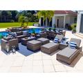 Sorrento 18-Piece Resin Wicker Outdoor Patio Furniture Combination Set in Gray w/ Sofa Set Eight-seat Dining Set and Chaise Lounge Set (Flat-Weave Gray Wicker Sunbrella Canvas Charcoal)