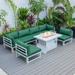 LeisureMod Chelsea Modern 7-Piece Outdoor Patio Conversation Set & 44 Propane Fire Pit Table in Weathered Grey Aluminum with Green Cushions