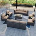Kullavik 13 Pieces Outdoor Patio Furniture Set with Fire Pit Table Outdoor PE Rattan Wicker sectional Sofa Set Patio Conversation Set with Coffee Table Sand