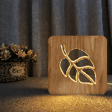 Light Bulb Night Light For Leaves Wooden 3D Lamp Creative Wooden Lights Simple Decorative Lights 3D Wood Carving Pattern LED Night Light For Desk
