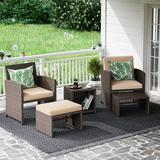 Orange-Casual Patio Conversation Set Balcony Furniture Set with Beige Cushions Brown Wicker Chair with Ottoman Steel Wicker Rattan