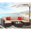 SUNCROWN Outdoor Patio Furniture 7-Piece Sofa Set Black Brown Wicker Washable Seat Cushions with YKK Zippers and Modern Glass Coffee Table (Brown Cushion)