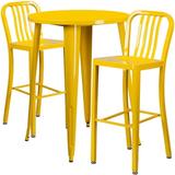Flash Furniture Commercial Grade 30 Round Yellow Metal Indoor-Outdoor Bar Table Set with 2 Vertical Slat Back Stools