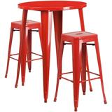 Flash Furniture Boyd Commercial Grade 30 Round Red Metal Indoor-Outdoor Bar Table Set with 2 Square Seat Backless Stools