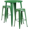 Flash Furniture Commercial Grade 30 Round Green Metal Indoor-Outdoor Bar Table Set with 2 Square Seat Backless Stools