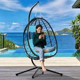 Outdoor Swinging Egg Chair Patio Wicker Hanging Chairs with Stand UV Resistant Hammock Chair with Comfortable Light Blue Cushion Durable Indoor Swing Egg Chair for Garden Backyard L3937