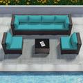 Kullavik Patio Furniture Set 7 Pieces Sectional Sofa PE Rattan Wicker Outdoor Furniture Set Patio Conversation Set with Tempered Glass Table and Cushion Blue