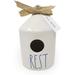 RAE DUNN BY MAGENTA Rest Ceramic LL Decorative Round Birdhouse With Burlap Ribbon With Blue Letters