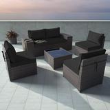 ALAULM Outdoor Furniture Sets 6 Piece Patio Sectional Furniture All-Weather Outdoor Patio Sofa PE Wicker Backyard Deck Couch Conversation Chair Set w/Table & 5 Black Thickened Cushions Black