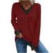 Long Sleeve Shirts for Women Floral Lace Trim V Neck Button Tunic Tops Solid Casual Basic Dressy T Shirts Blouses