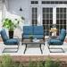 SUNCROWN 5-Piece Outdoor Patio Furniture Metal Conversation Set Loveseat and Chairs with Tables Peacock Blue