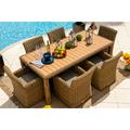 Malmo 7-Piece Resin Wicker Outdoor Patio Furniture Dining Table Set In Natural w/ Dining Table and Six Cushioned Chairs (Full-Round Natural Wicker Sunbrella Canvas Taupe)