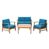 Noble House Perla 5 Piece Outdoor Acacia Wood Conversation Set in Blue