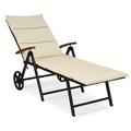 Patiojoy Outdoor Rattan Wicker Lounge Chair Folding Patio Chaise w/ Wheels & Beige Cushion