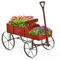 Gymax Garden Plant Planter Wooden Wagon Planter W/ Wheel Garden Yard Red