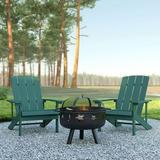 Emma + Oliver Three Piece Camping Set with Two Green Faux Wood Adirondack Chairs and 29 Star and Moon Fire Pit with Mesh Cover