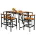 Patiojoy 7PCS Patio Rattan Bar Set with Umbrella Hole Wood High-Dining Bistro Set with 6 Bar Stools for Poolside&Garden