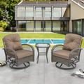 Syngar 3 Piece Patio Swivel Chairs Swivel Conversation Set with Brown Cushions and Coffee Table Outdoor All Weather Wicker Bistro Furniture Set for Porch Lawn Balcony Backyard D6744