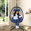 Hanging Chair with Stand Outdoor Patio Wicker Hanging Egg Chairs UV Resistant Hammock Chair with Comfortable Navy Blue Cushion Durable Indoor Swing Chair for Bedroom Garden Backyard L3948