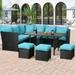 Danrelax 7 Pieces Patio Furniture Set Outdoor Sectional Sofa Conversation Set All Weather Black Rattan Couch Dining Table &Ottomans Blue Cushions