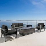 Bridget Outdoor 5 Piece Aluminum Chat Set with Cushions and Wood-Like Fire Table Grey Dark Grey Grey with Wood Pattern