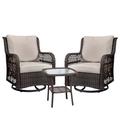 Coolmee 3 Pieces Outdoor Wicker Swivel Patio Set 360Â° Swivel Rocking Patio Chairs of 2 with Side Table and Fabric Cushions Beige