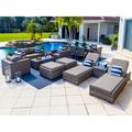 Sorrento 18-Piece Resin Wicker Outdoor Patio Furniture Combination Set in Gray w/ Loveseat Set Eight-seat Dining Set and Chaise Lounge Set (Flat-Weave Gray Wicker Sunbrella Canvas Tuscan)