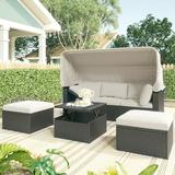Outdoor Daybed Patio PE Rattan Daybed with Retractable Canopy Sectional Seating Sofa Set w/Height Adjustable Table & Cushions Wicker Furniture Set for Poolside Backyard Garden Lawn